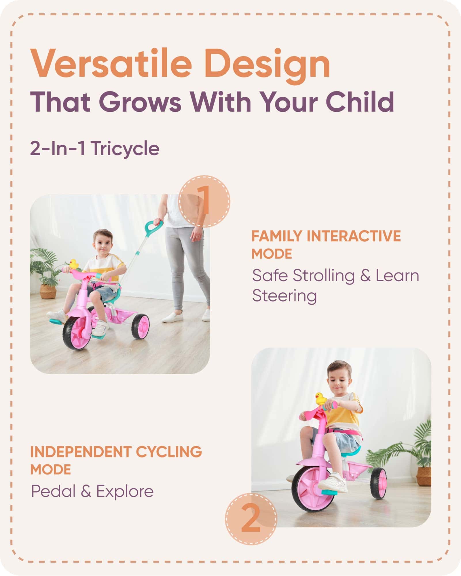 Triciclo 2 en 1 para Niños KRIDDO de 18 Meses a 3 Años, - Imagen 4