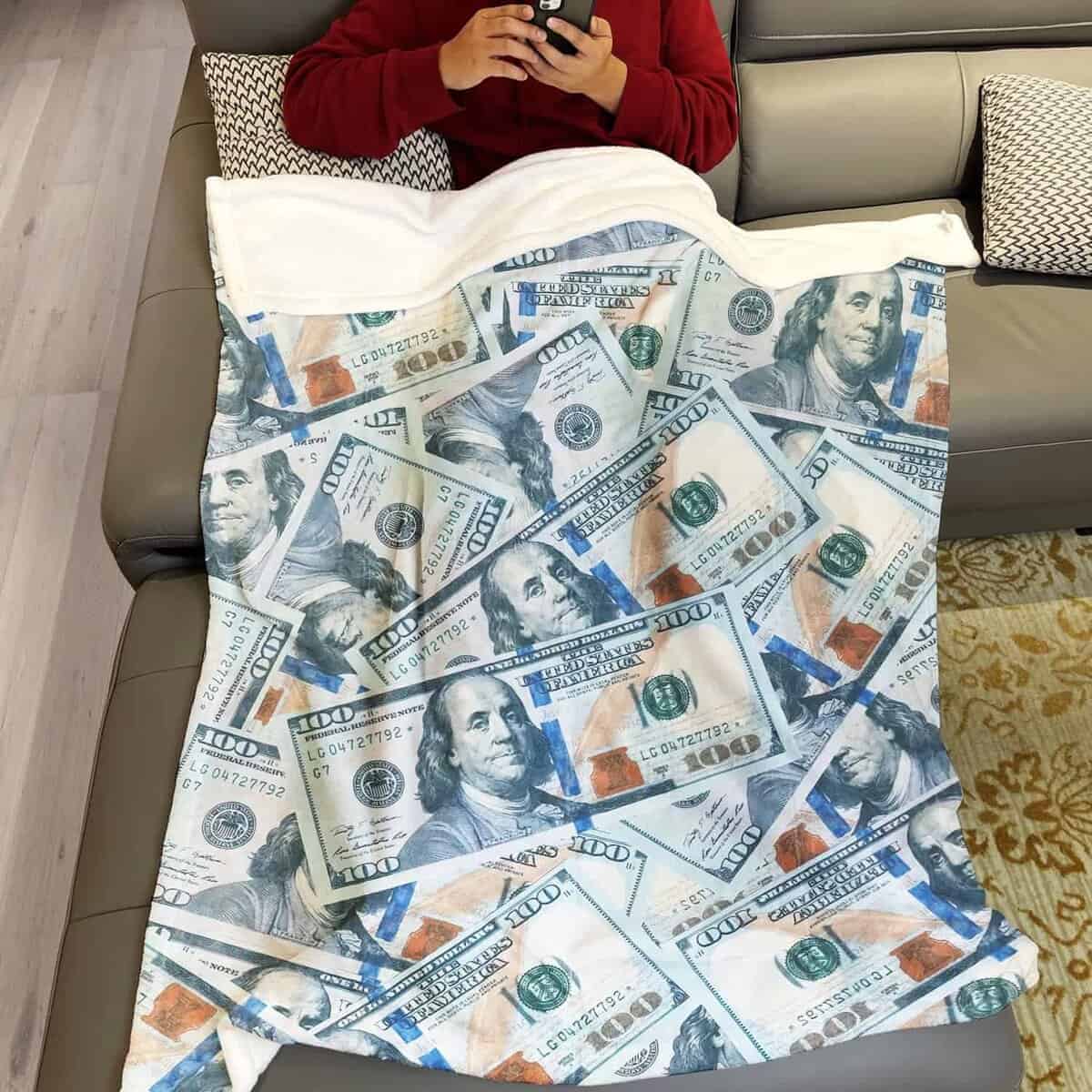 Manta de felpa HommomH 60" x 80" Azul Billete de 100 - Imagen 5