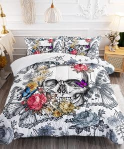 Juego de Edredón Gótico 3D Mariposa Calavera Flor, Juego de