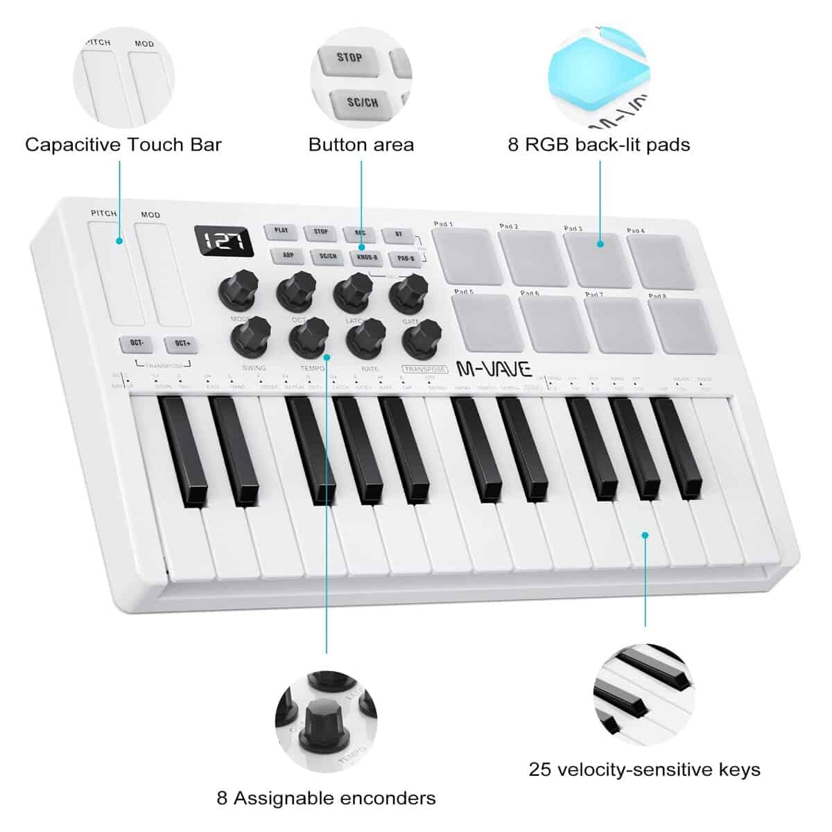 Controlador de teclado MIDI USB de 25 teclas M-WAVE con 8 - Imagen 4