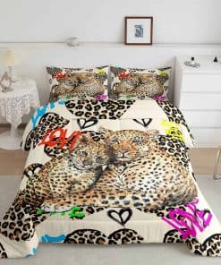 Juego de edredón de leopardo tamaño queen, juego de ropa de