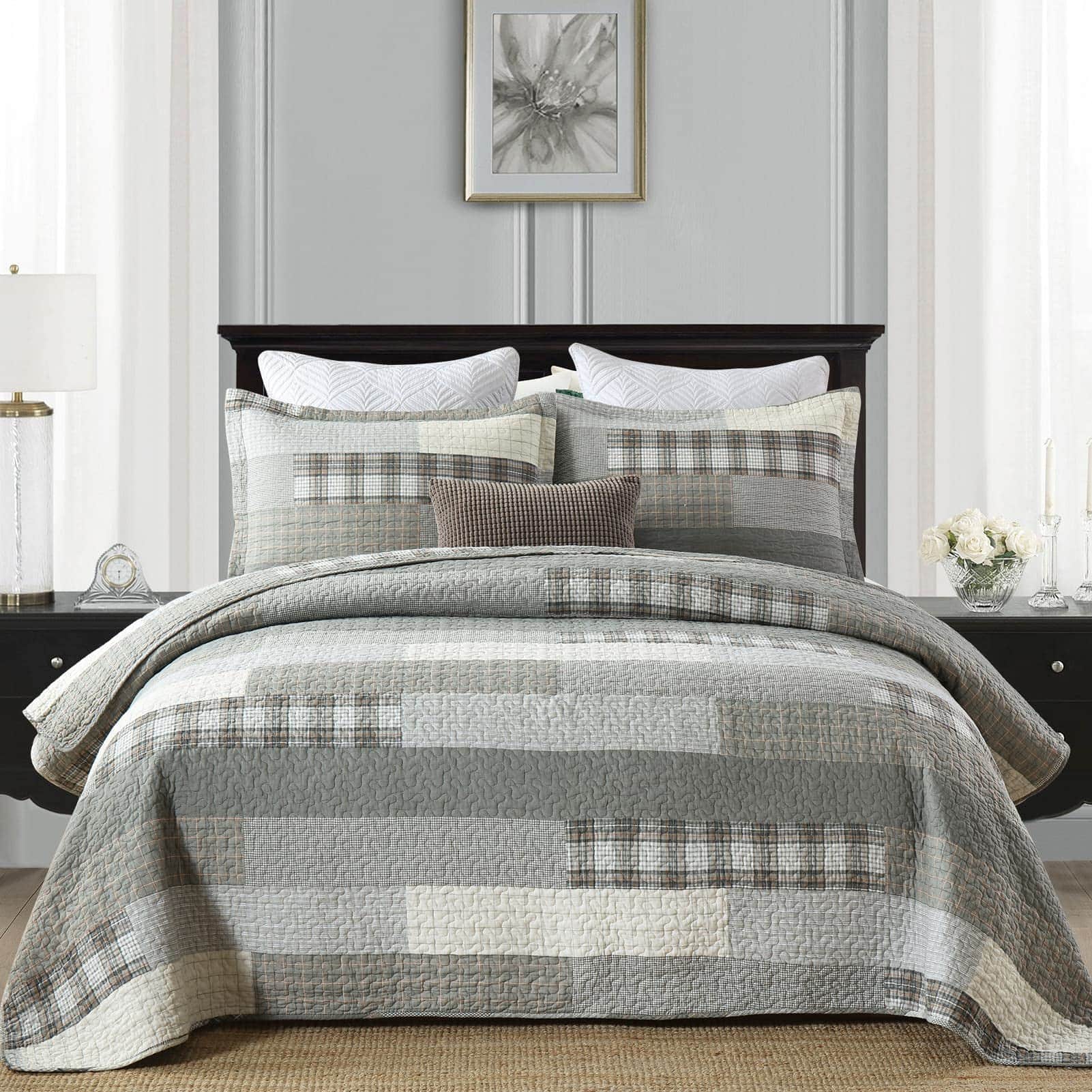 Juego de Edredón King Size de Cuadros de Algodón 100%,