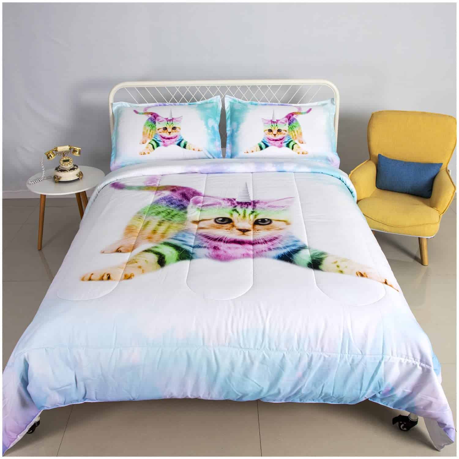 Juego de 3 Piezas de Edredón Unicornio Gatito Arcoiris