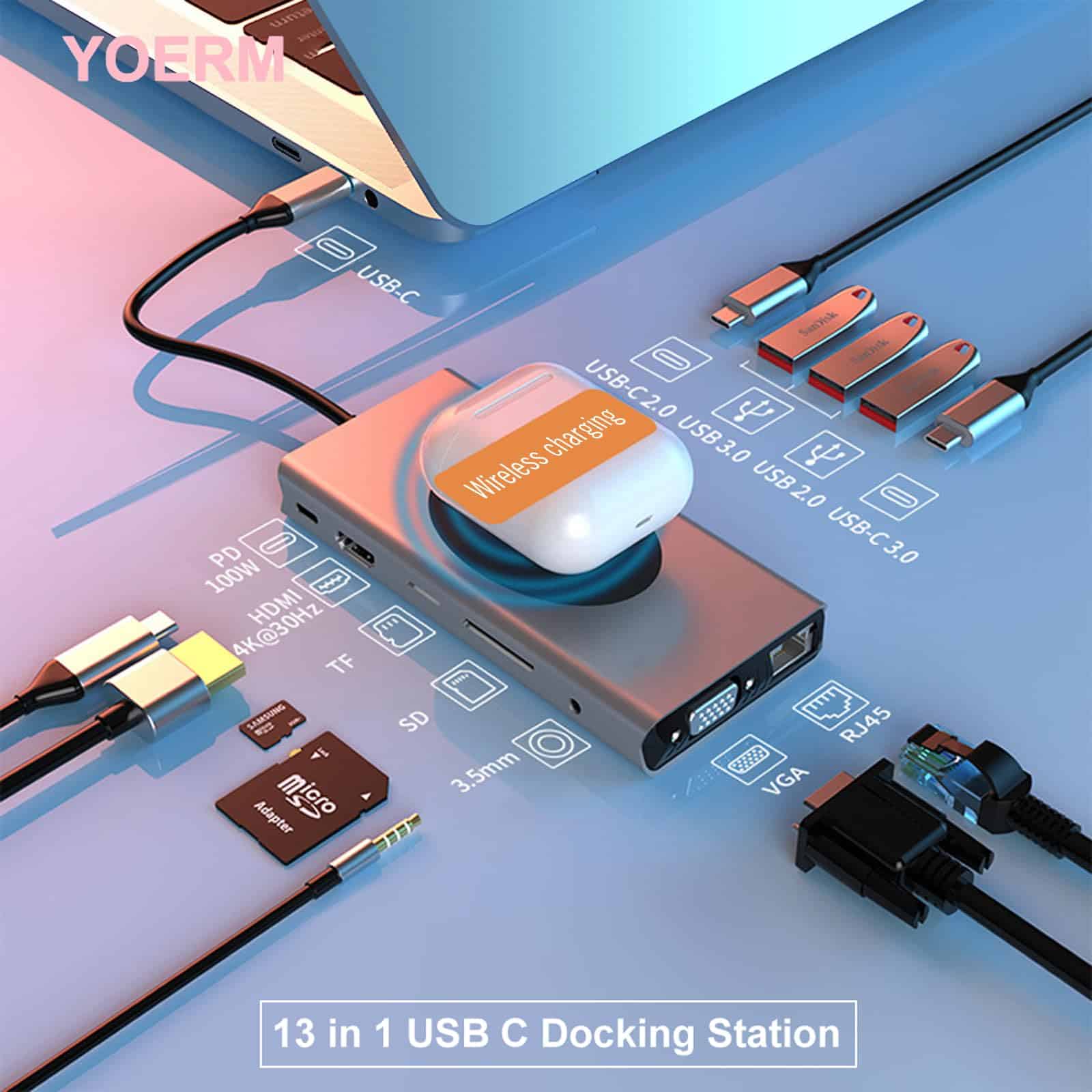 yoerm Estación de Acoplamiento USB C Hub 13 en 1 con - Imagen 3