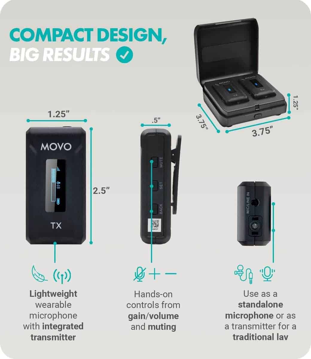 Micrófono inalámbrico para cámara Movo WMX-2 con estuche de - Imagen 4