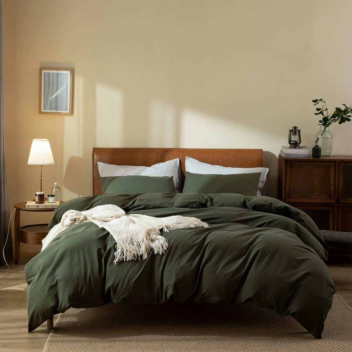Funda de Edredón Verde Oscuro Queen, 100% Algodón Lavado
