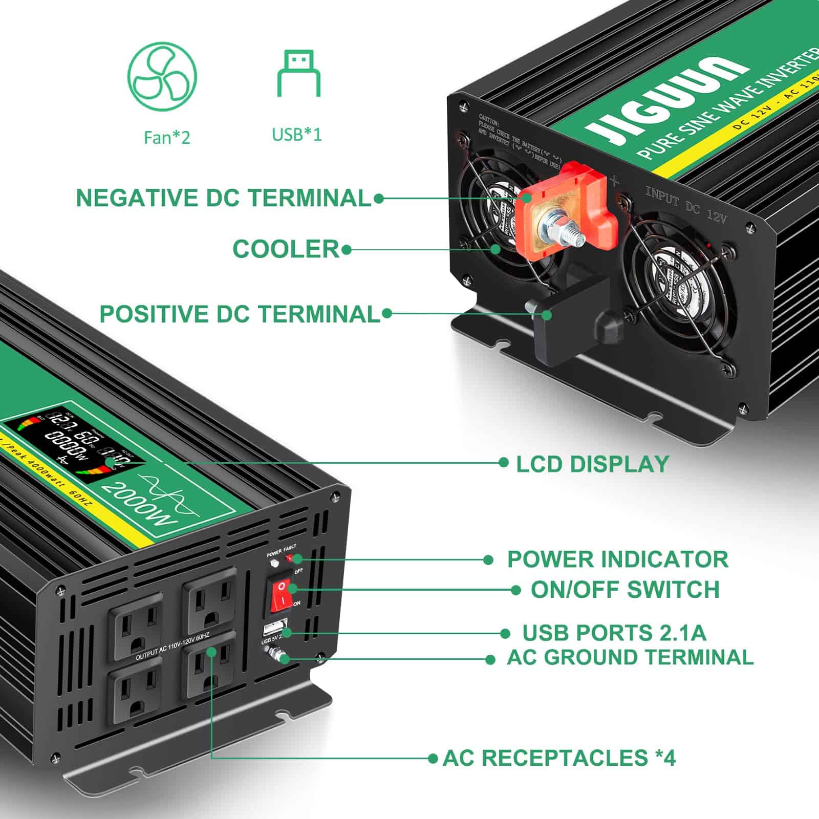 Inversor de Onda Sinusoidal Pura de 2000 vatios JIGUUN 12v - Imagen 4