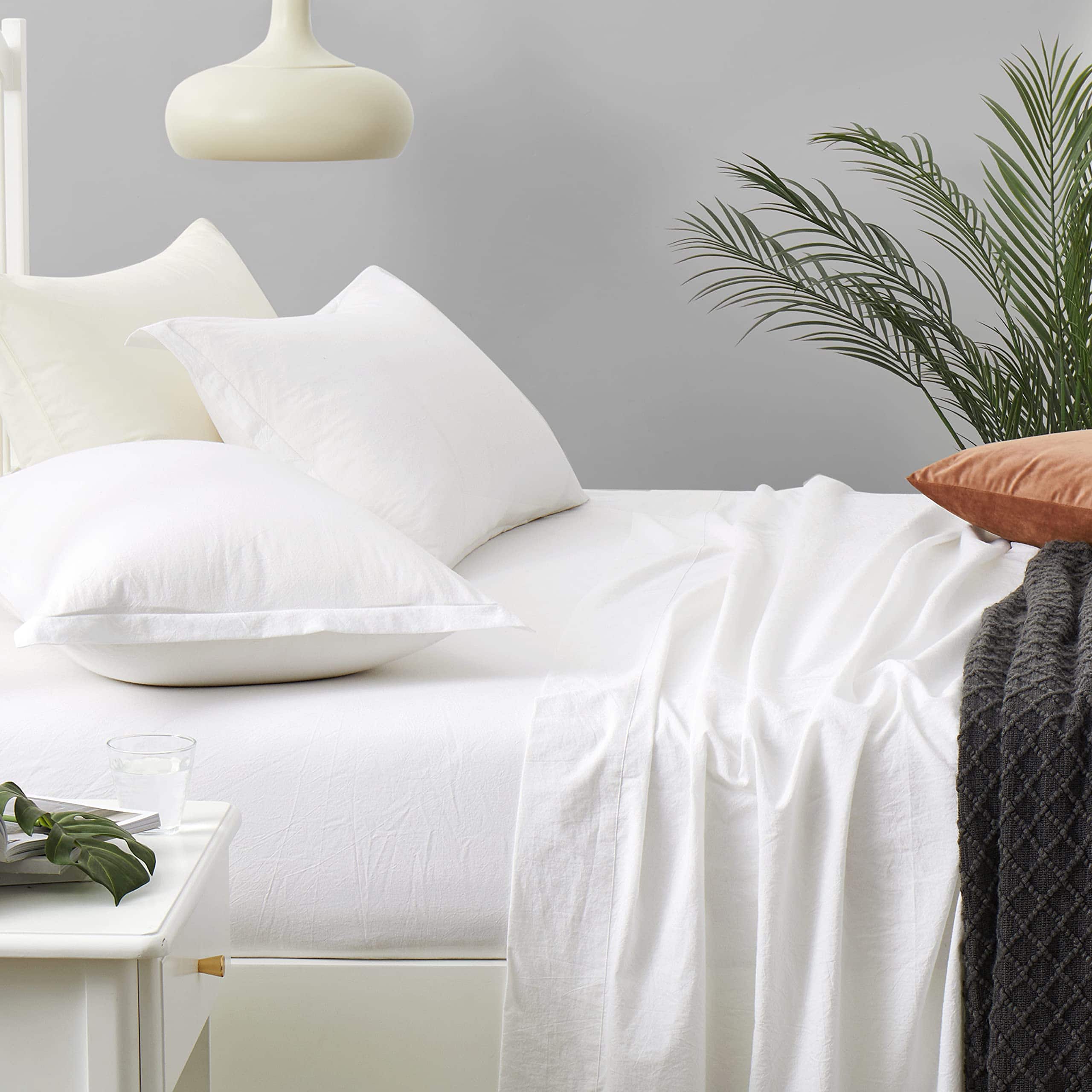 Juego de sábanas ajustadas de algodón lavado -Blanco