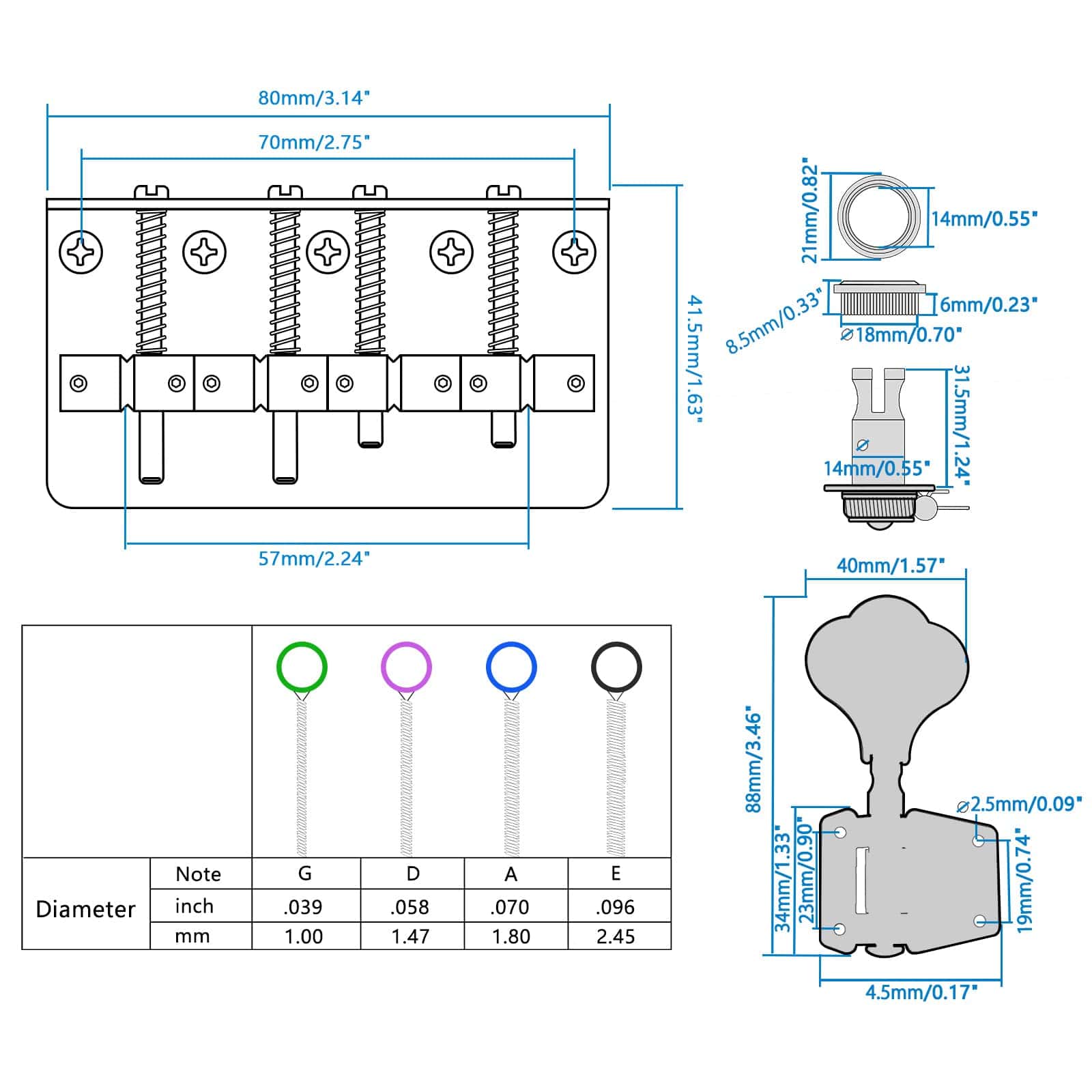 Puente de Guitarra Bajo de 4 Cuerdas Swhmc Hardtail Saddle - Imagen 3