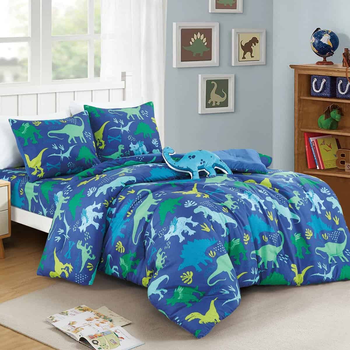 Set de edredón con estampado de dinosaurios azules para