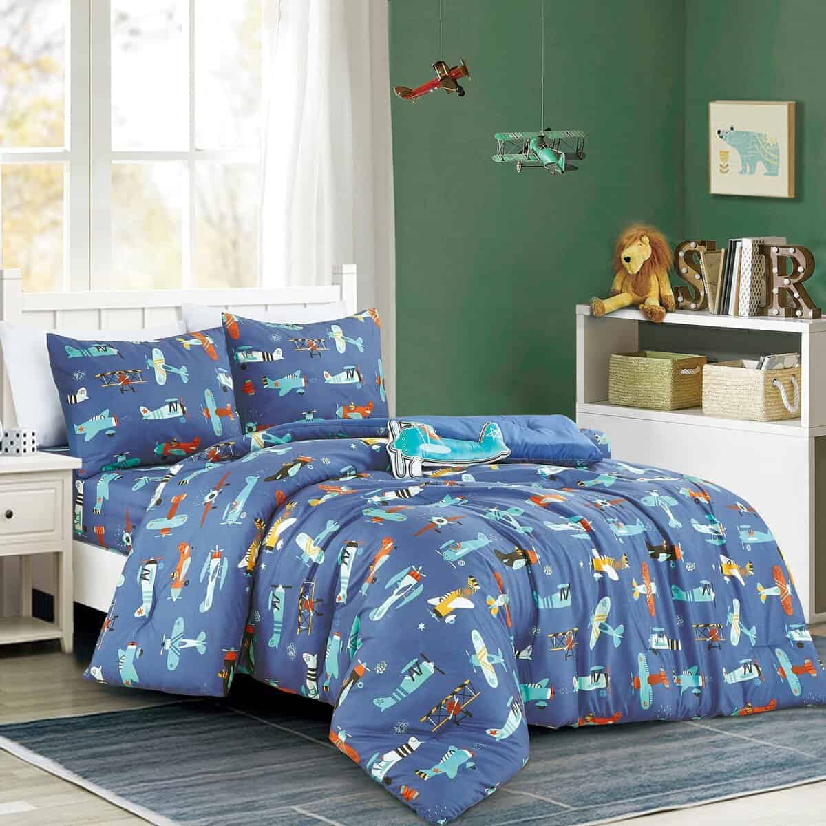 Set de edredón estampado de aviones azules para niños y