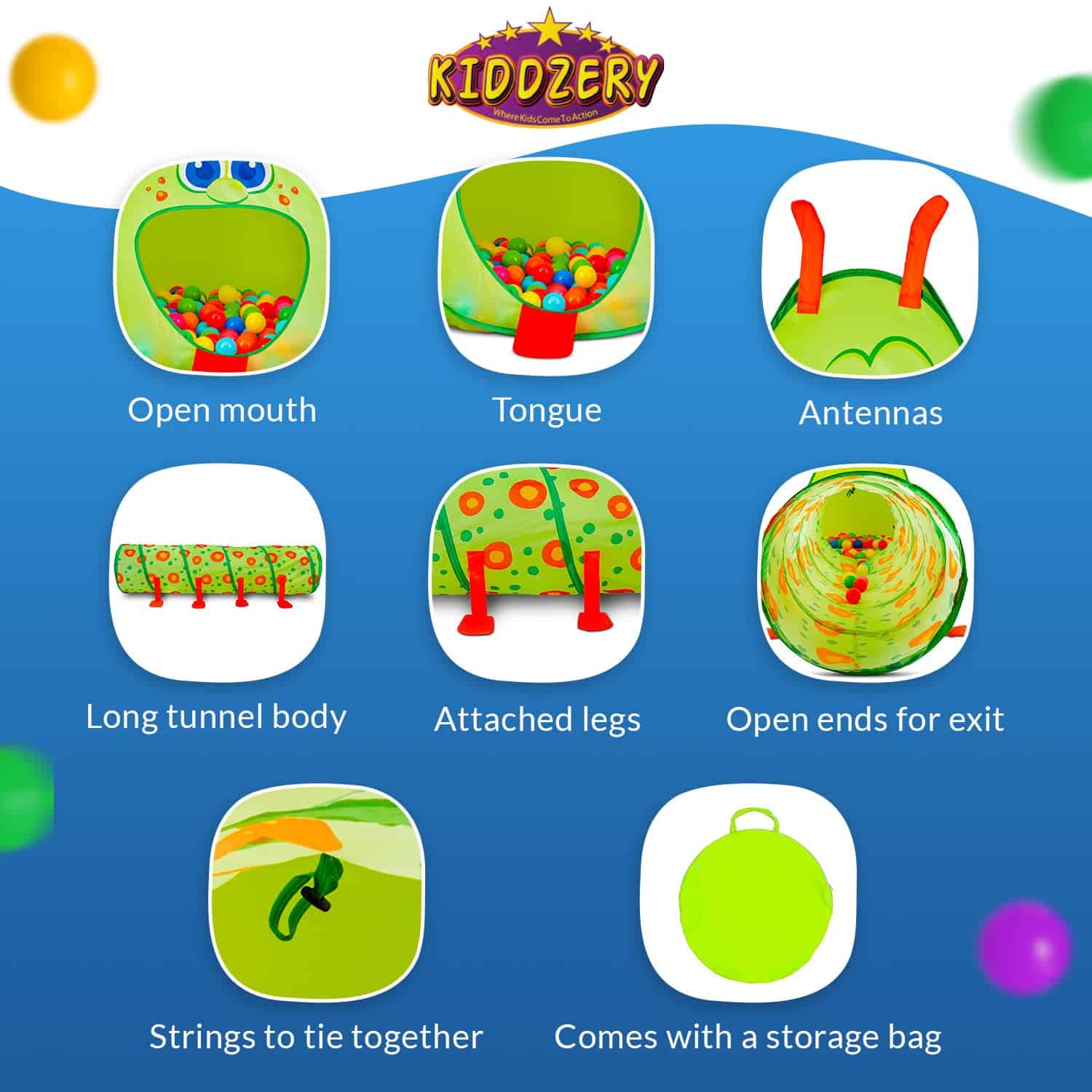 Túnel y Tienda de Juegos de Oruga Kiddey para Niños con 50 - Imagen 6