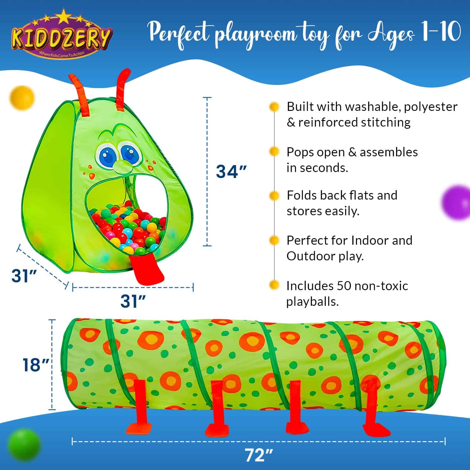 Túnel y Tienda de Juegos de Oruga Kiddey para Niños con 50 - Imagen 4