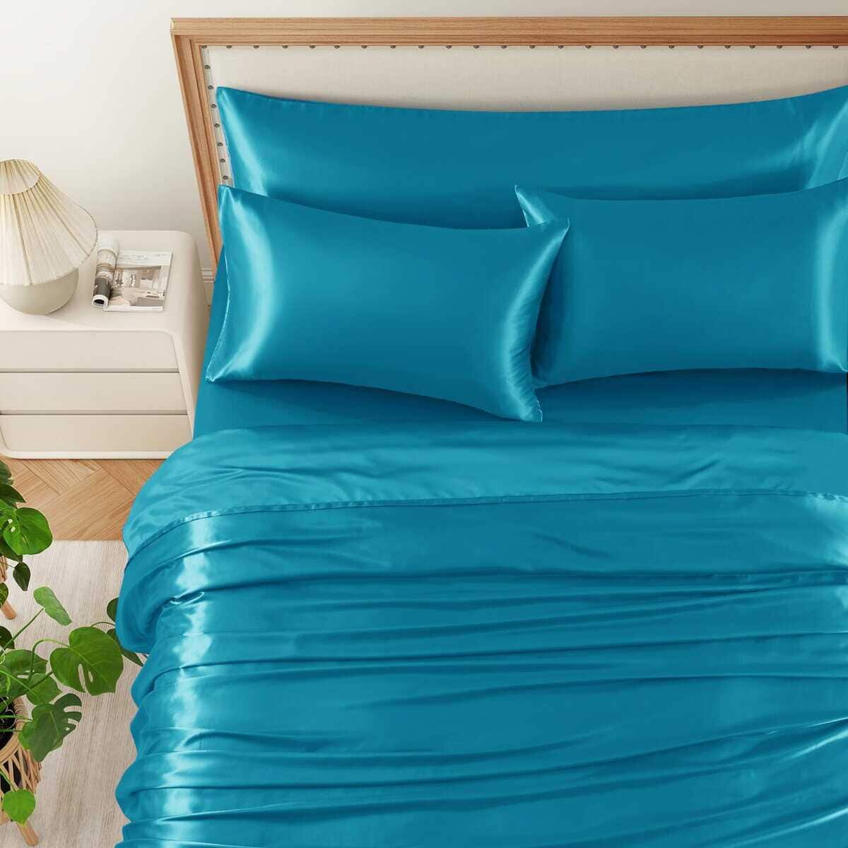 HommxJF 5Pcs Juego de sábanas de Satén Azul Lago, Juego de - Imagen 4