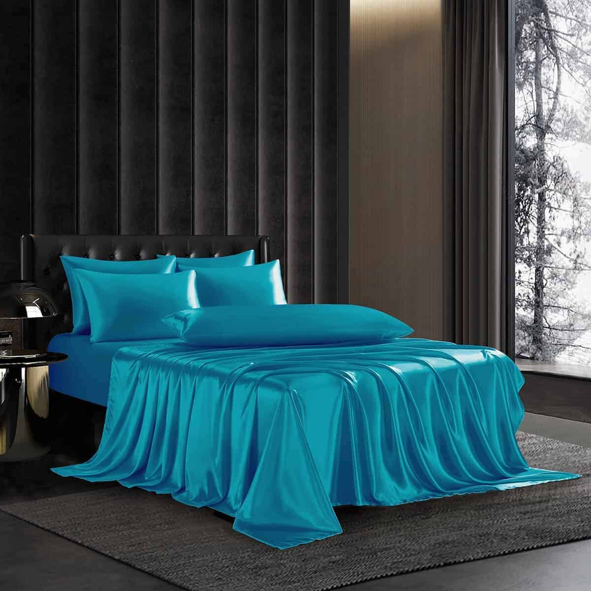 HommxJF 5Pcs Juego de sábanas de Satén Azul Lago, Juego de - Imagen 3
