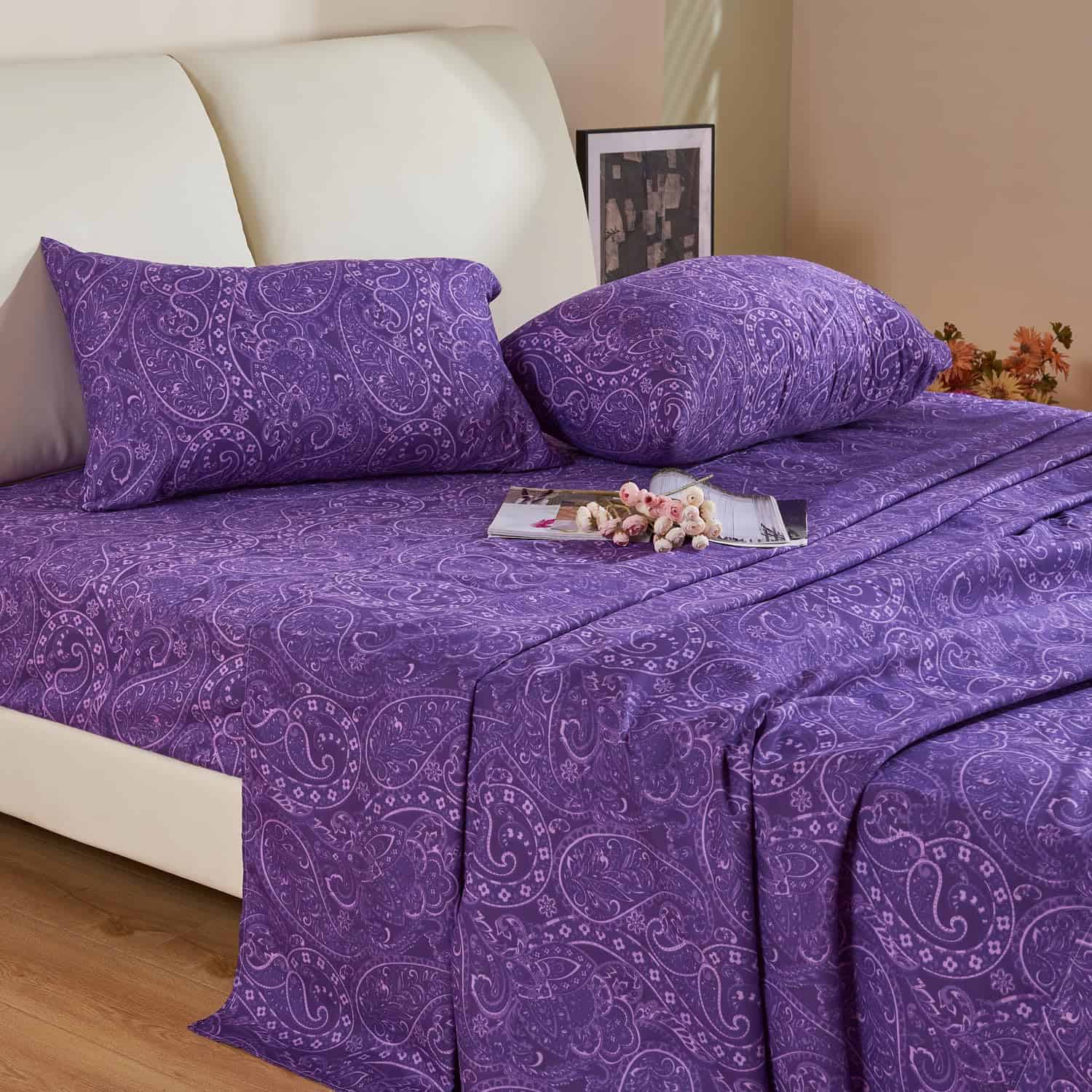 Juego de sábanas King Size estampado de flores moradas