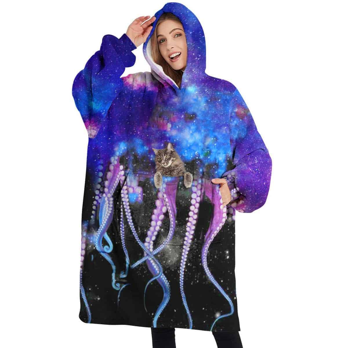 Manta con capucha de Sherpa con diseño de pulpo estrellado,