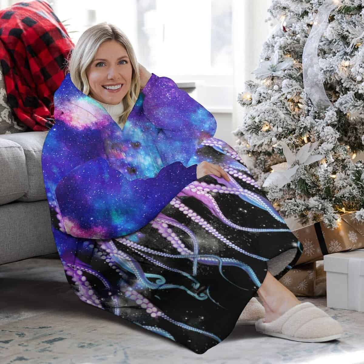 Manta con capucha de Sherpa con diseño de pulpo estrellado, - Imagen 4