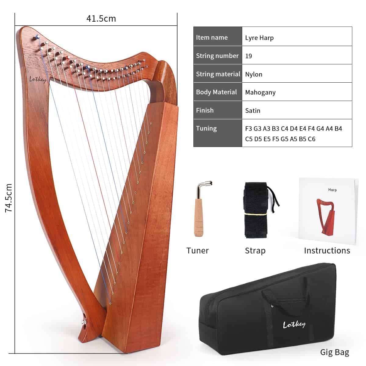 Arpa, Lira de 19 Cuerdas Lotkey para Principiantes Adultos - Imagen 7
