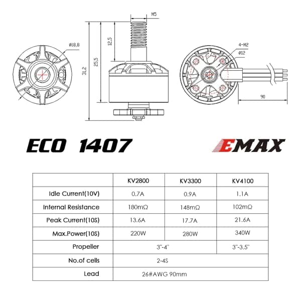 4pcs Motores Brushless EMAX ECO Series 1407 2-4S 2800KV / - Imagen 7