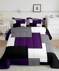 Juego de ropa de cama gris morado blanco negro, juego de
