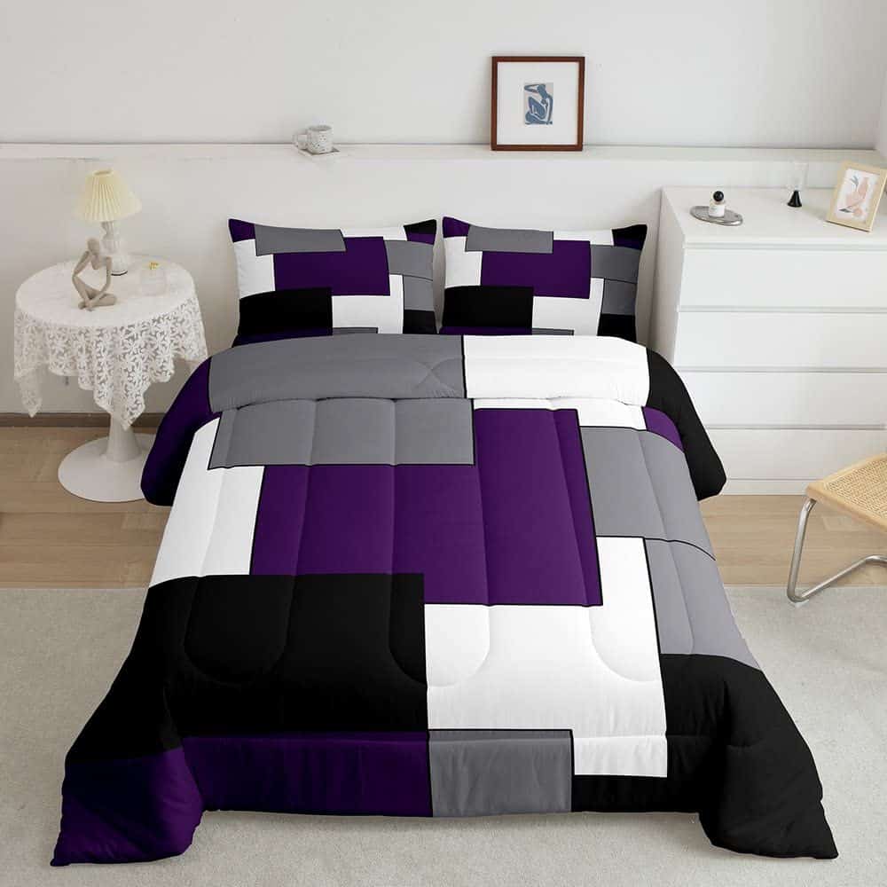 Juego de ropa de cama gris morado blanco negro, juego de