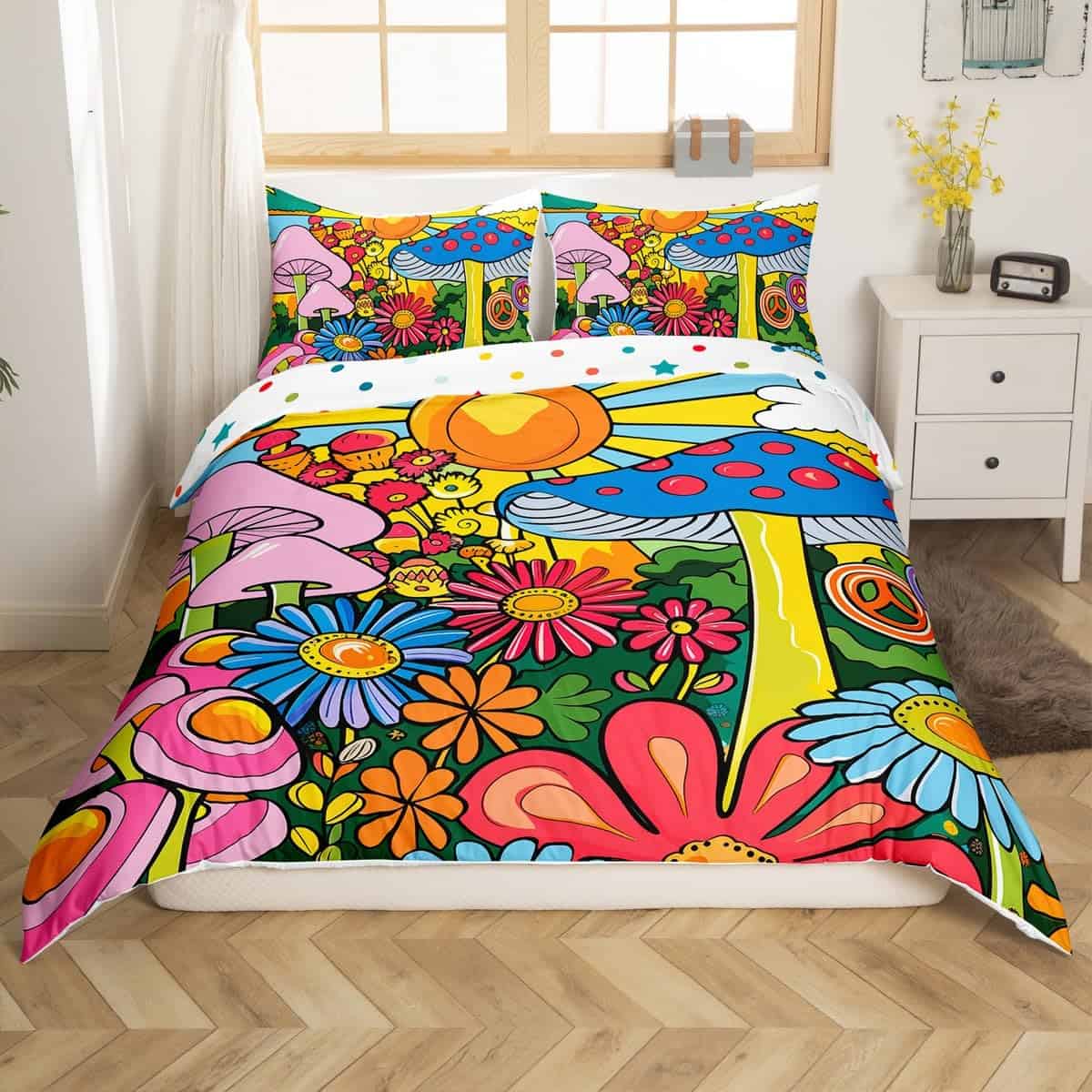 Juego de Funda nórdica Kawaii Mushroom Queen Boho Sun con