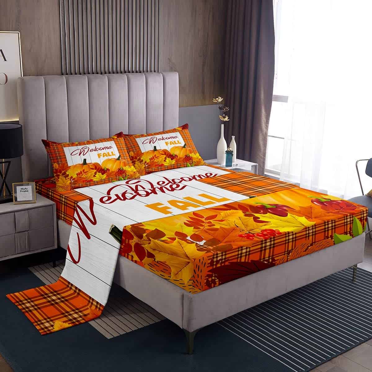 Juego de Sábanas de Calabaza Queen Happy Fall Juego de Ropa