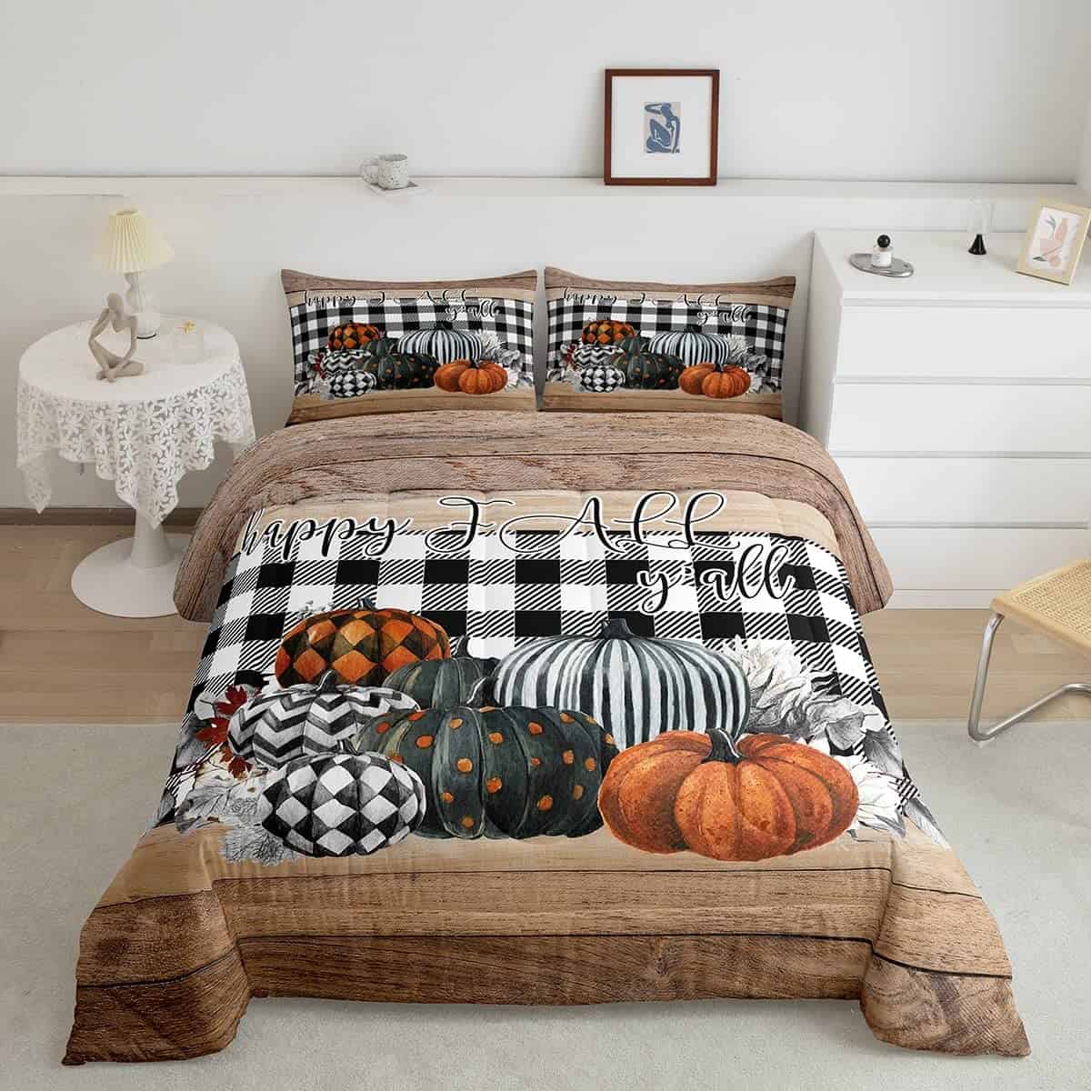 Juego de edredón de calabazas de otoño tamaño king tema de