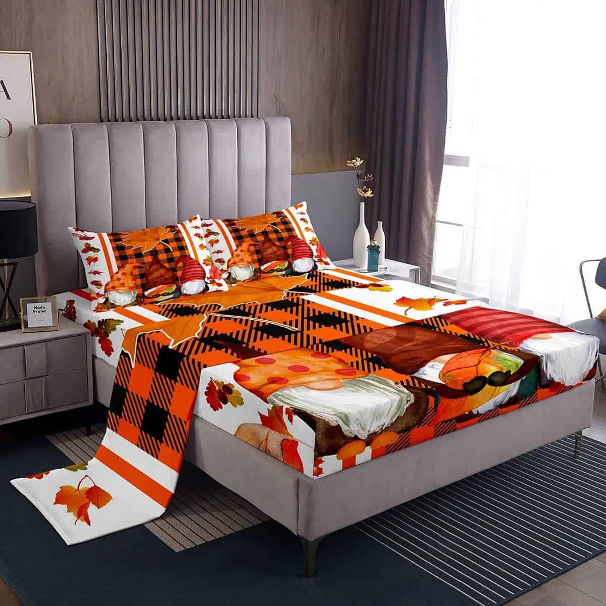 Juego de sábanas de otoño para rey con gnomo naranja y