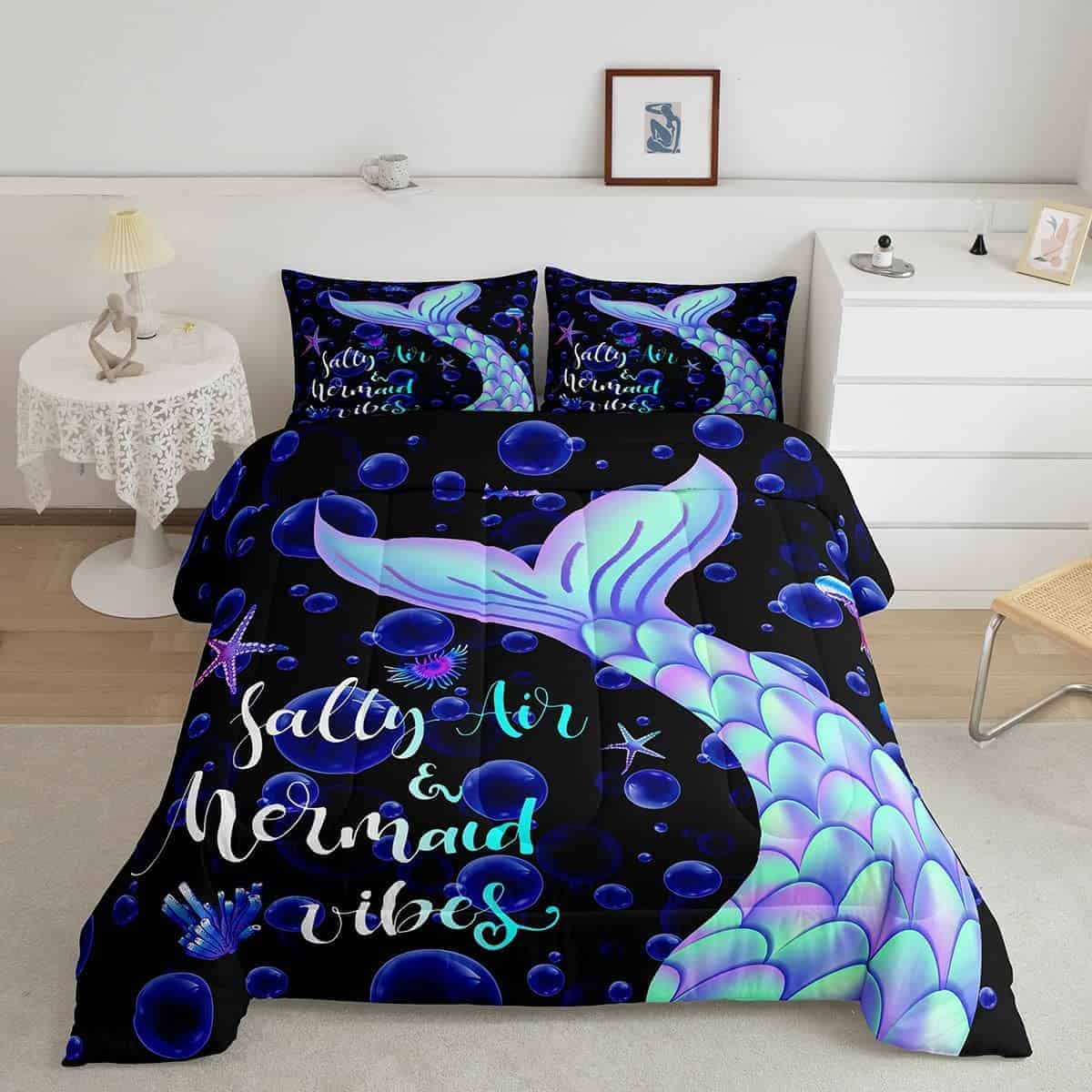 Set de Edredón de Sirena Tamaño Queen para Niñas Niños Azul