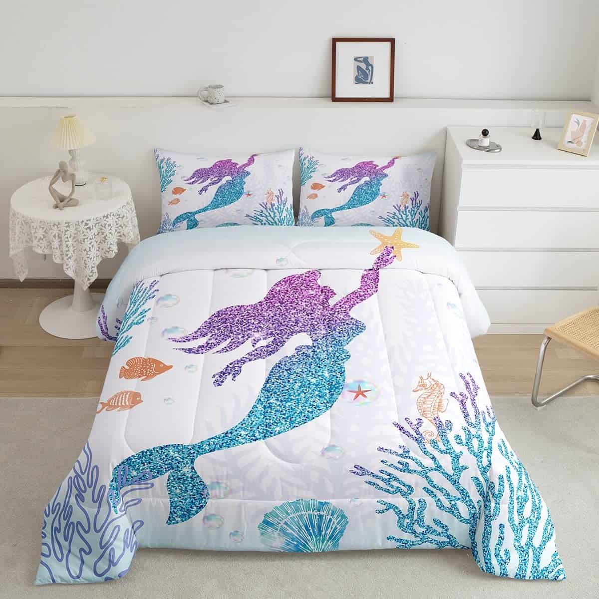 Juego de edredón sirenita Queen para niñas niños decoración