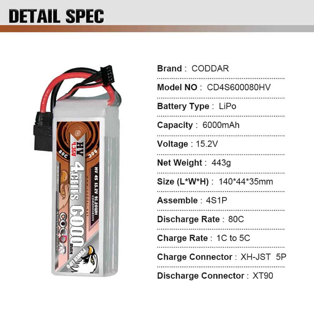 Batería LiPo CODDAR 6000mAh 4S 15.2V 80C con Conector XT90 - Imagen 4