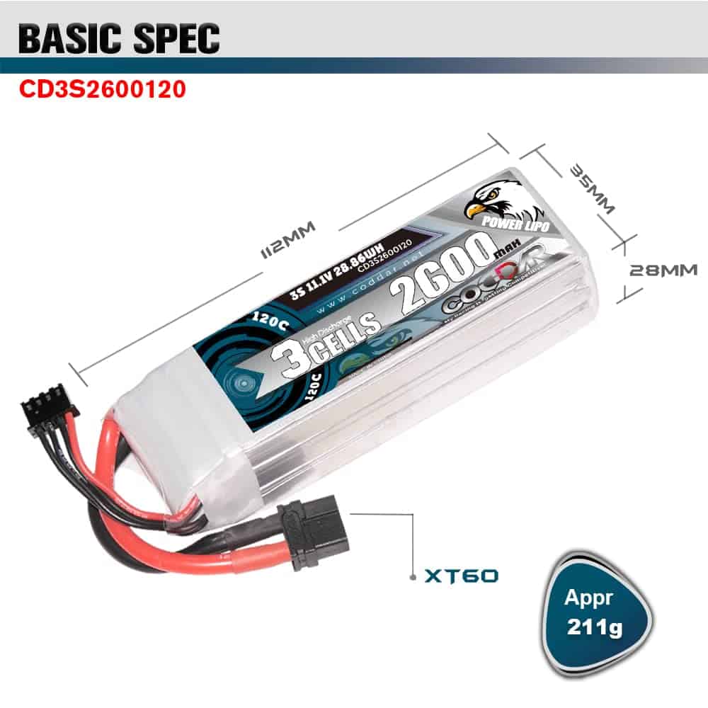 Batería LiPo CODDAR 2600mAh 3S 11.1V 120C con Conector XT60 - Imagen 6