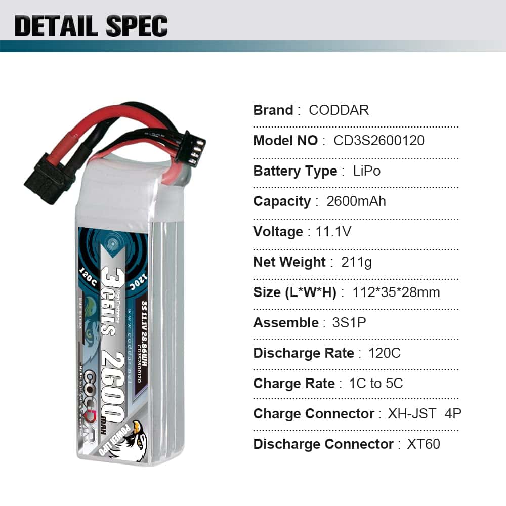Batería LiPo CODDAR 2600mAh 3S 11.1V 120C con Conector XT60 - Imagen 4
