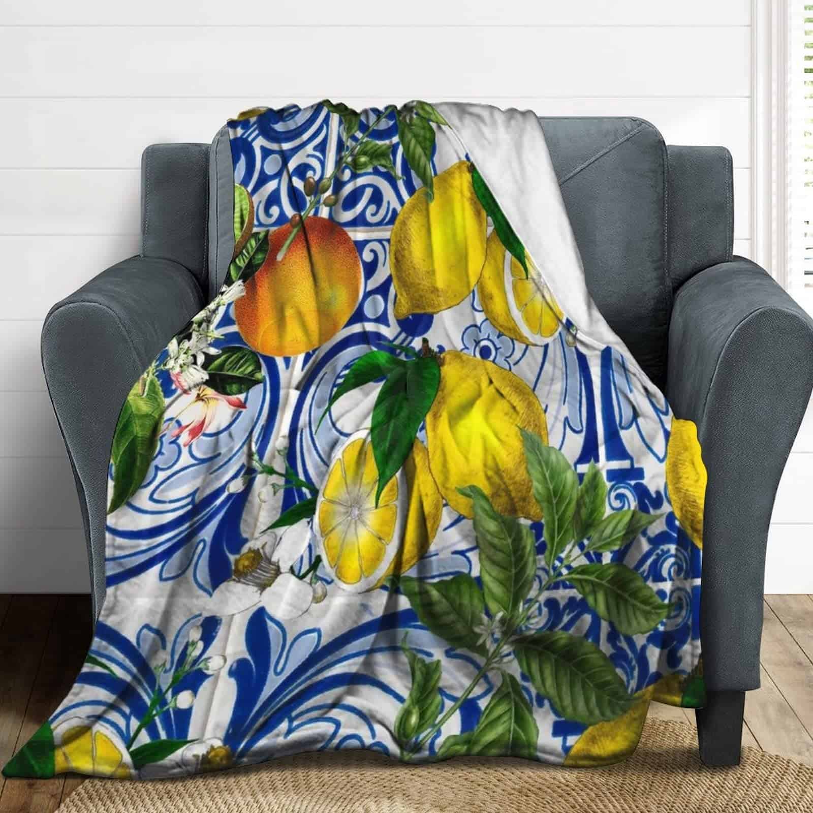 Mediterranean Lemon On Blue Ceramic Tiles Mantas de Felpa - Imagen 8