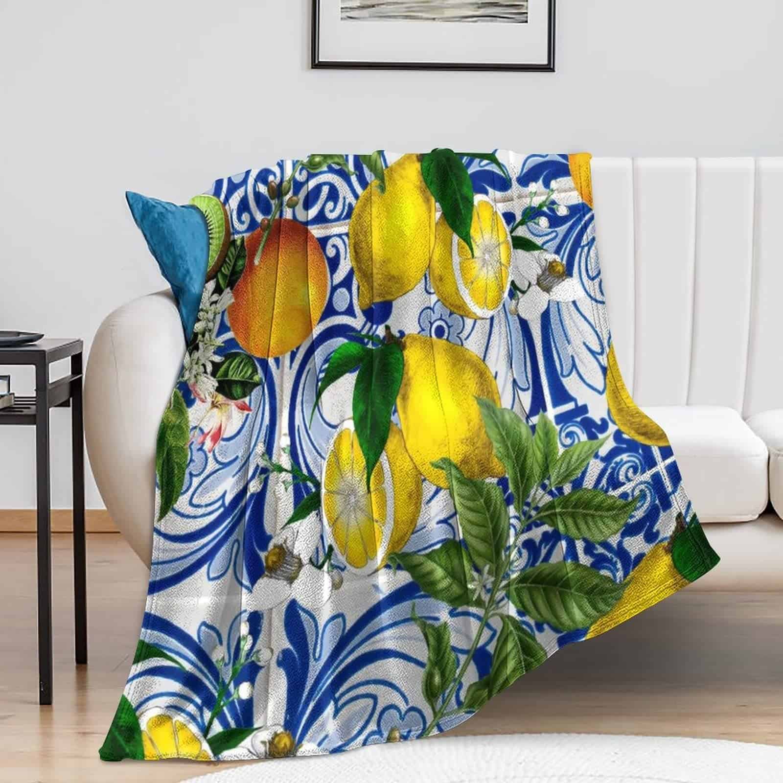 Mediterranean Lemon On Blue Ceramic Tiles Mantas de Felpa - Imagen 9