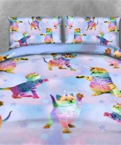 Juego de Colcha de 3 Piezas de Unicornio Arcoíris Gatito