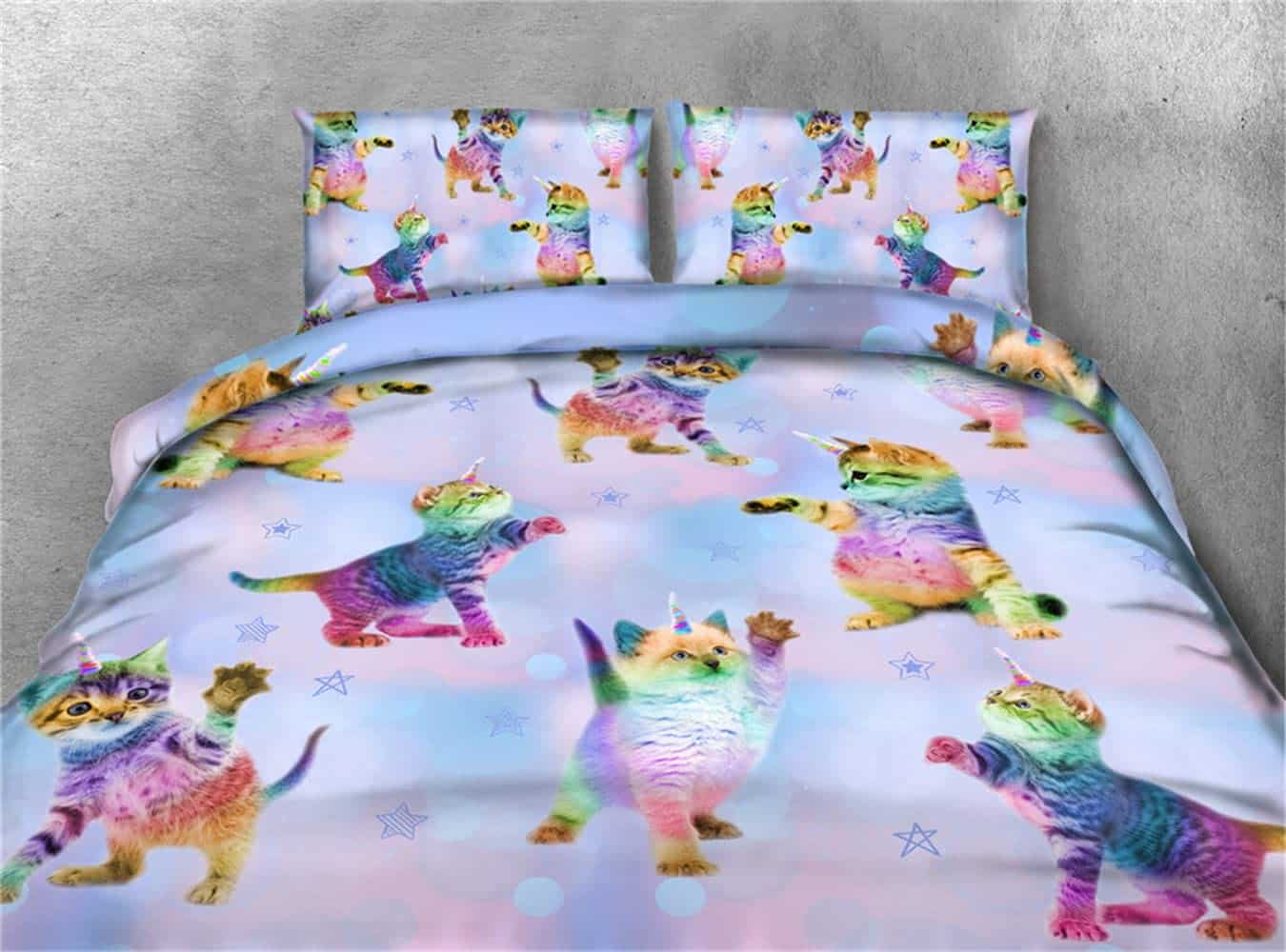 Juego de Colcha de 3 Piezas de Unicornio Arcoíris Gatito