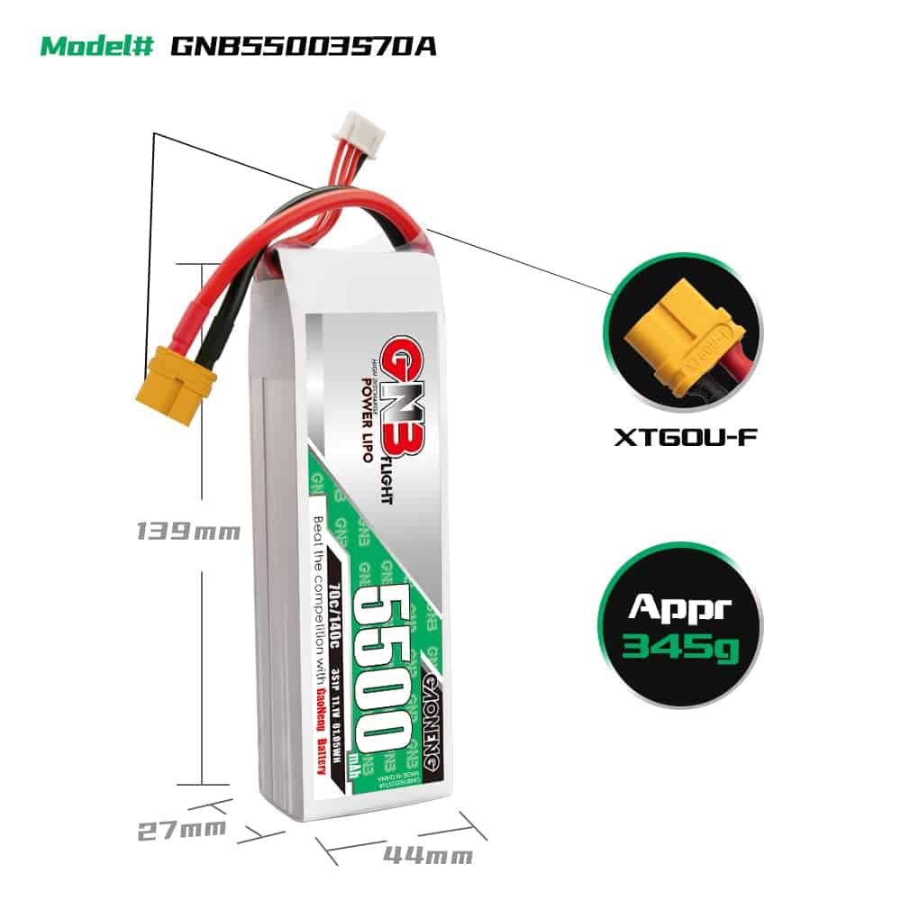 Batería LiPo GAONENG GNB 3S 11.1V 5500mAh 70C 140C XT60 - Imagen 6