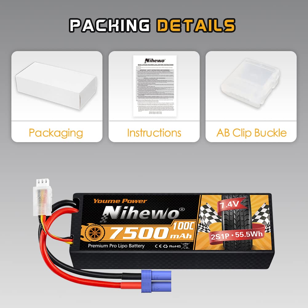 Nihewo 2 Paquetes de Batería Lipo 2S, 7.4V 7500mAh Batería - Imagen 7
