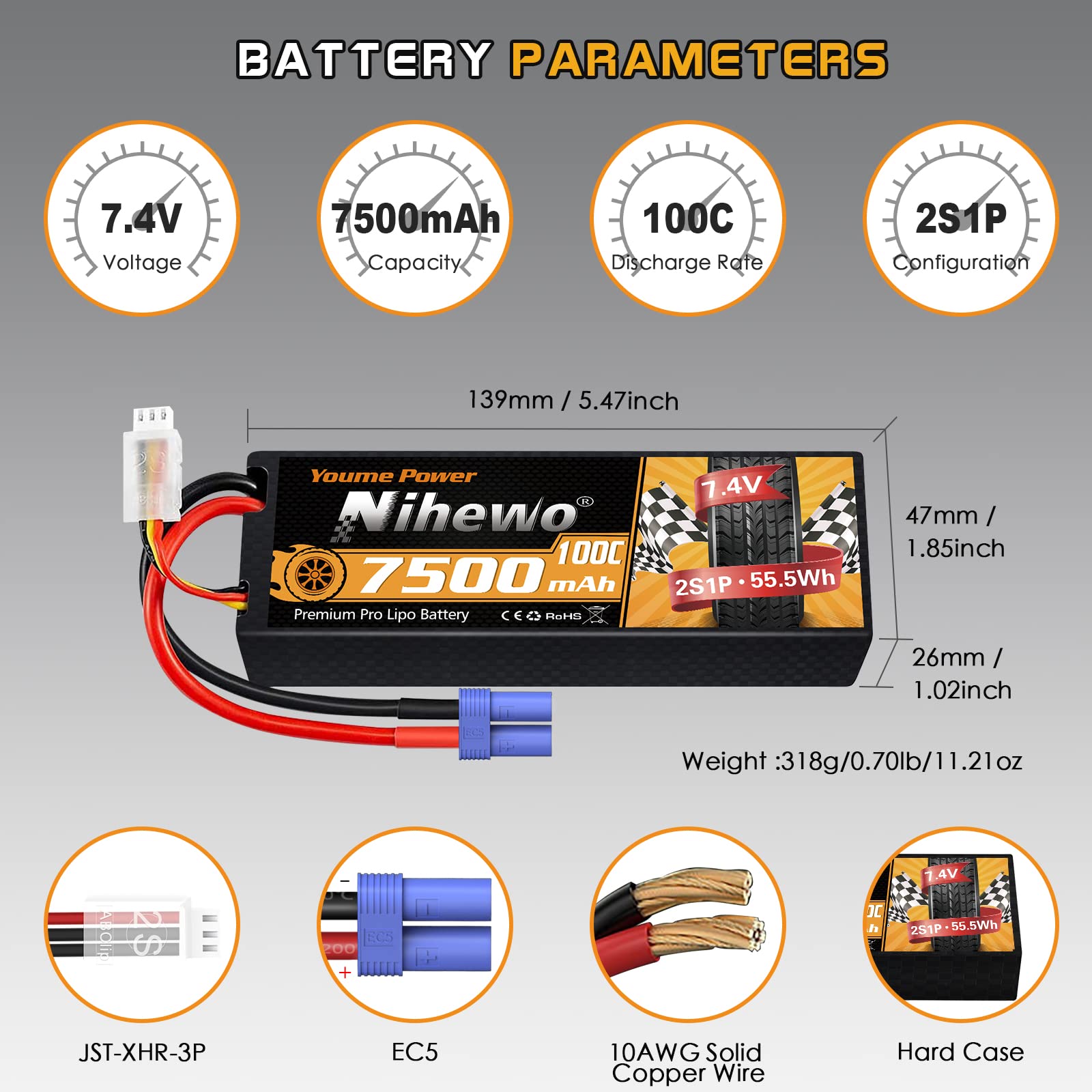 Nihewo 2 Paquetes de Batería Lipo 2S, 7.4V 7500mAh Batería - Imagen 4