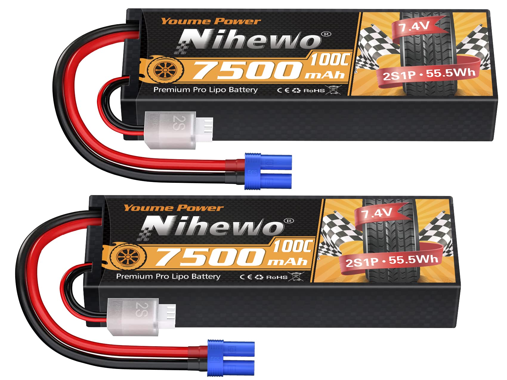 Nihewo 2 Paquetes de Batería Lipo 2S, 7.4V 7500mAh Batería