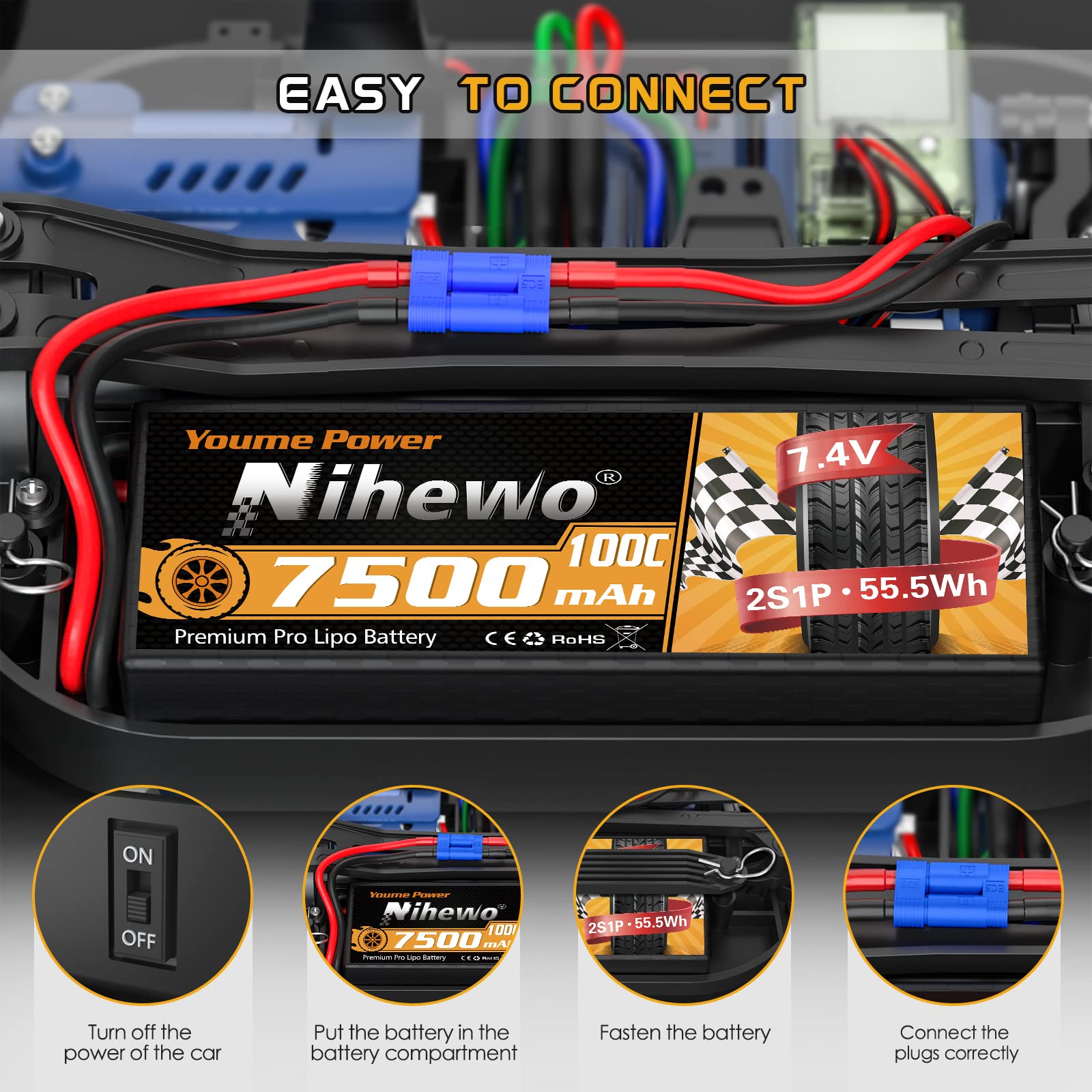 Nihewo 2 Paquetes de Batería Lipo 2S, 7.4V 7500mAh Batería - Imagen 6