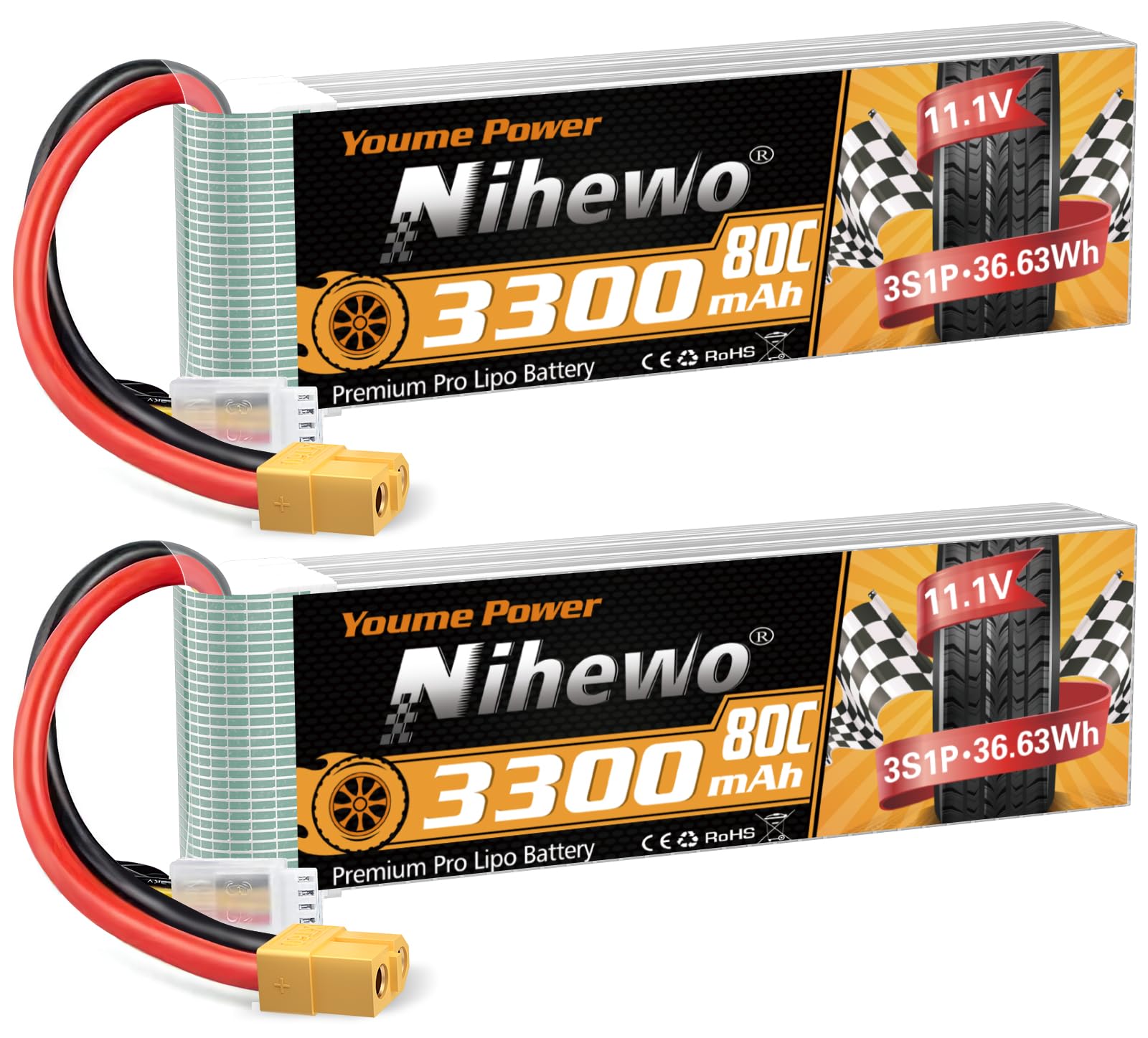 Nihewo 2Packs 11.1V Lipo Battery, Batería Lipo 3S 3300mAh