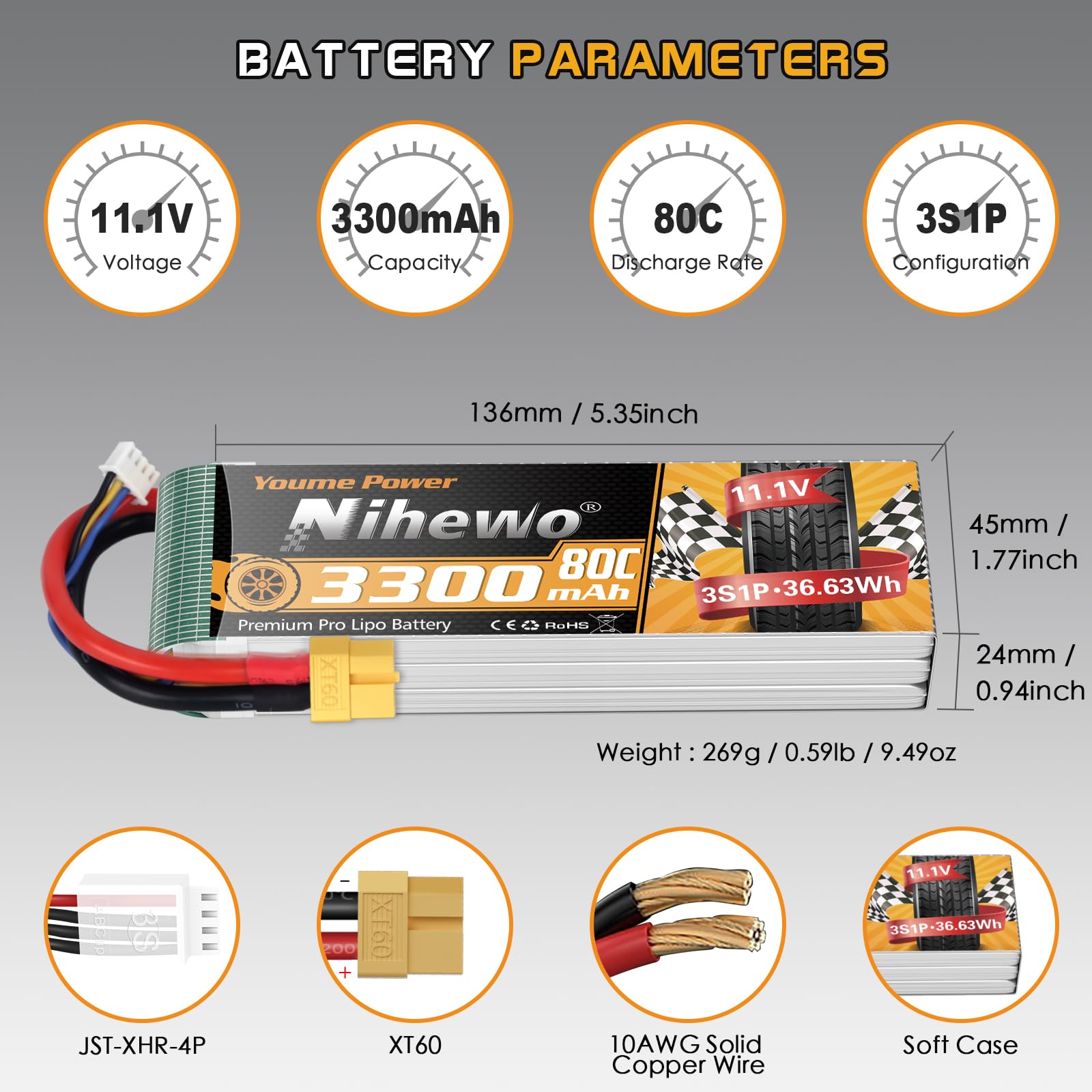 Nihewo 2Packs 11.1V Lipo Battery, Batería Lipo 3S 3300mAh - Imagen 4