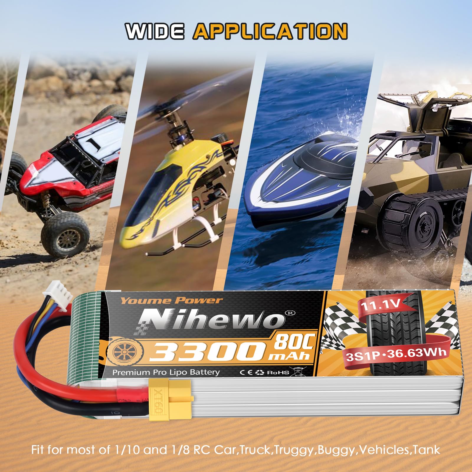 Nihewo 2Packs 11.1V Lipo Battery, Batería Lipo 3S 3300mAh - Imagen 3