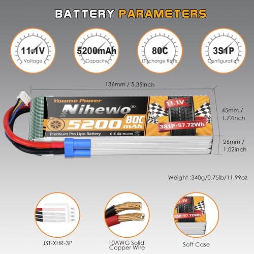 Nihewo 2Packs 3S Batería Lipo, Batería Lipo RC 11.1V - Imagen 6