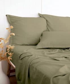 Juego de sábanas color verde oliva texturizadas de lino,