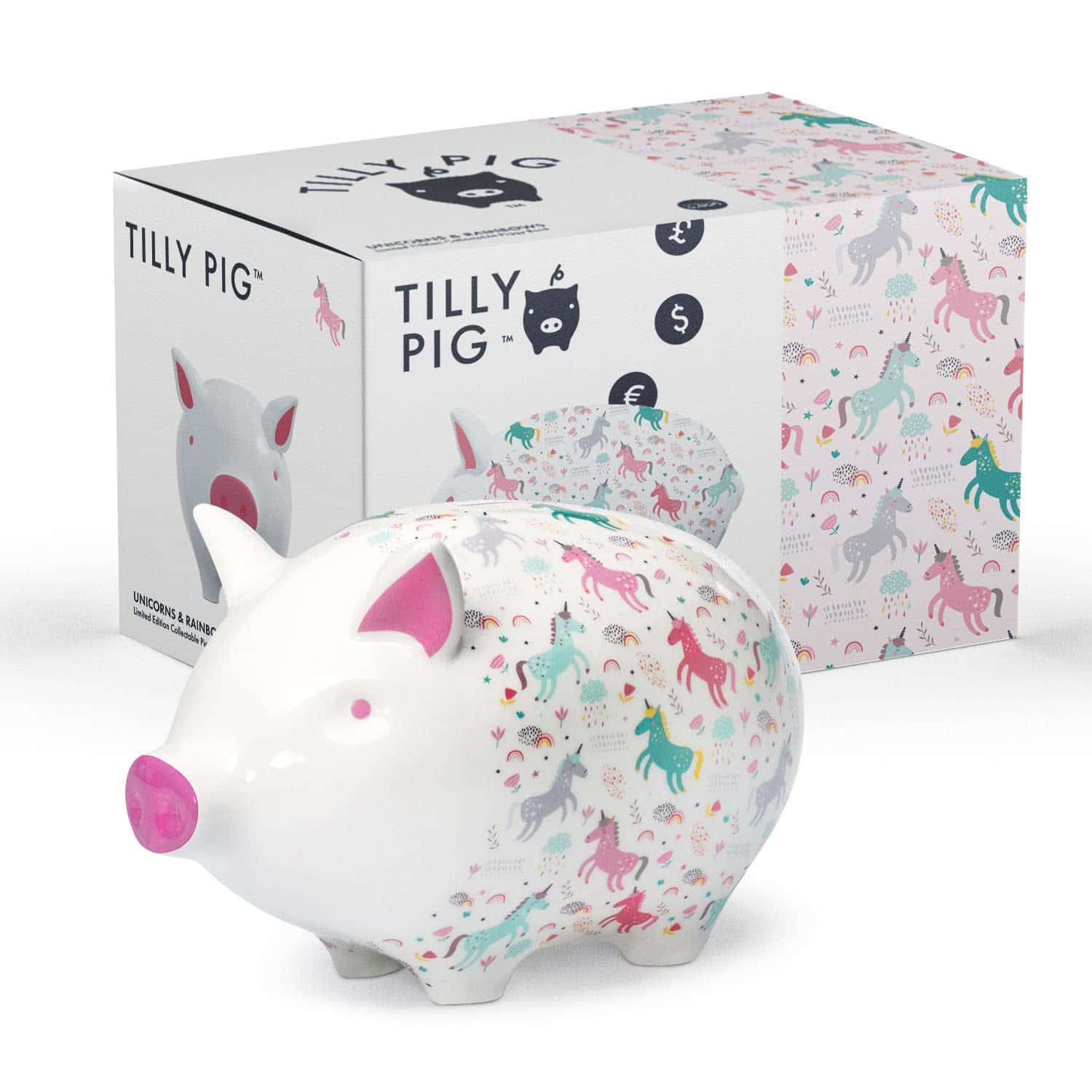 Tilly Pig Alcancía de Cerámica de Unicornio y Arcoíris para